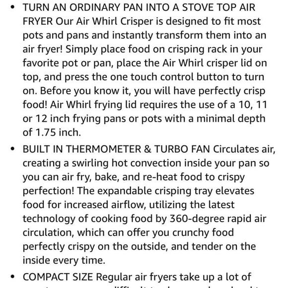 Sharper Image Air Whirl Crisper Stove Top Air Fryer Glass Stainless Steel - Picture 8 of 10